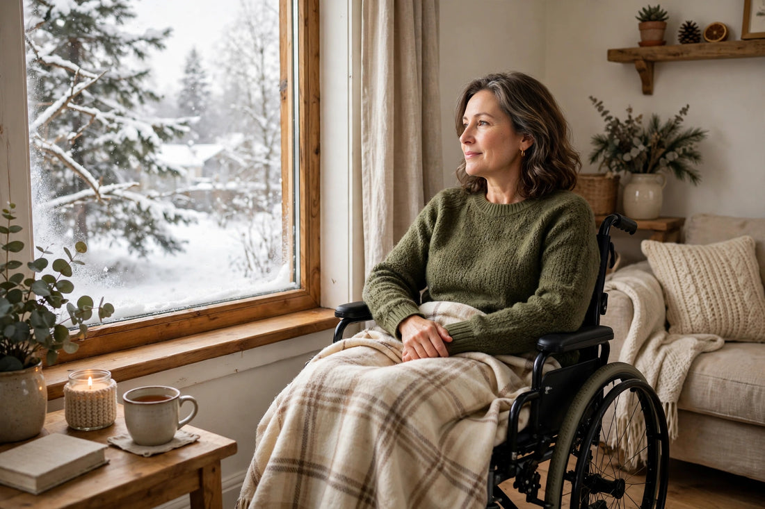 Woman recovering comfortably in a wheelchair at home
