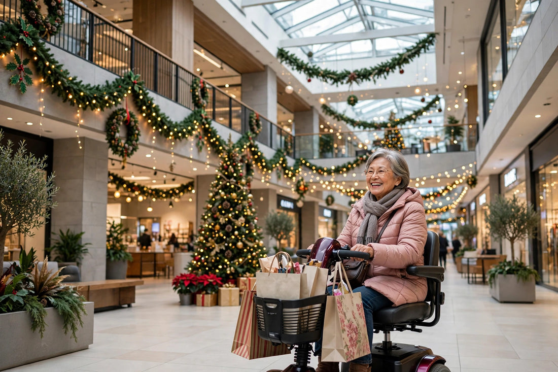 Senior woman riding a mobility scooter while holiday shopping at the mall