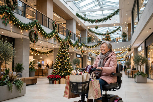Senior woman riding a mobility scooter while holiday shopping at the mall