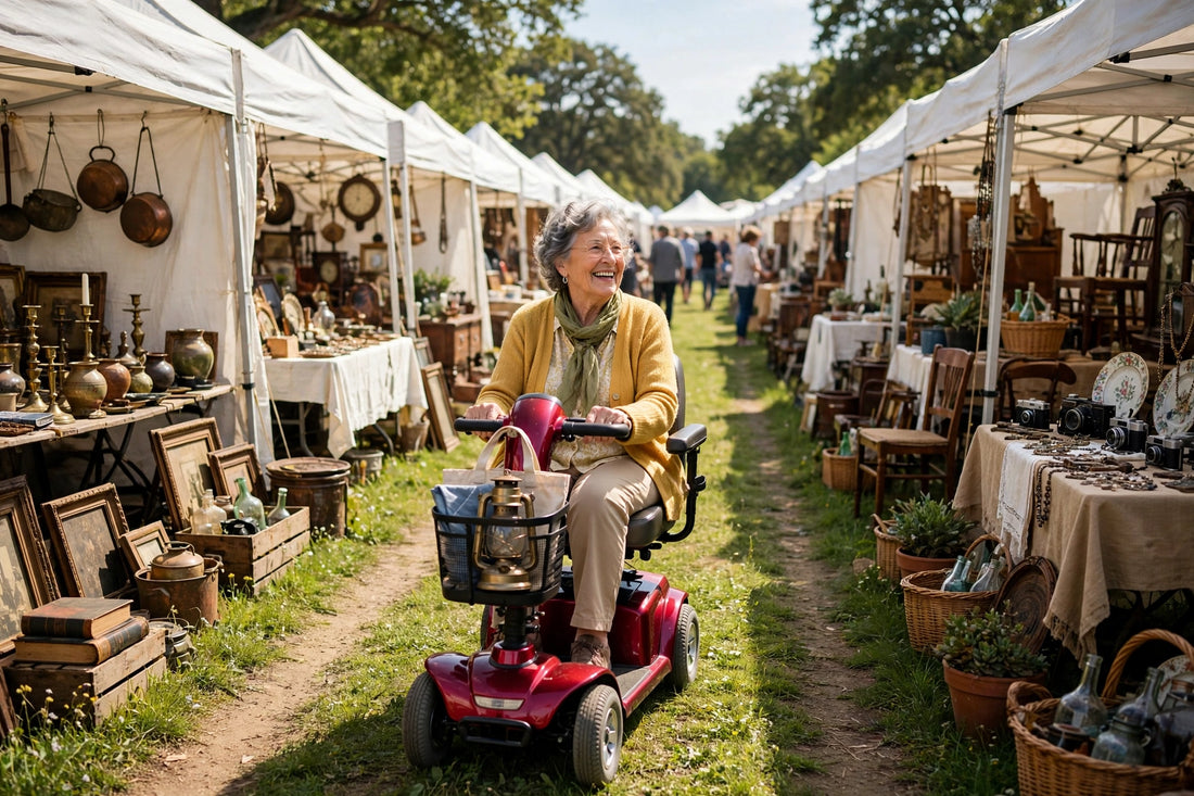 Senior riding a mobility scooter at the Brimfield Flea Market