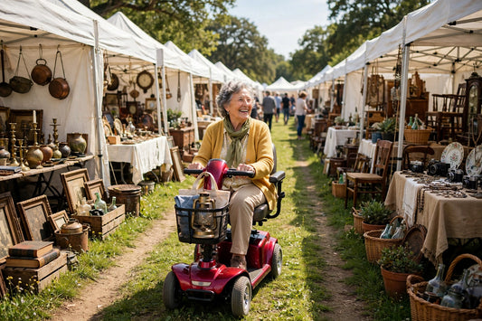 Senior riding a mobility scooter at the Brimfield Flea Market