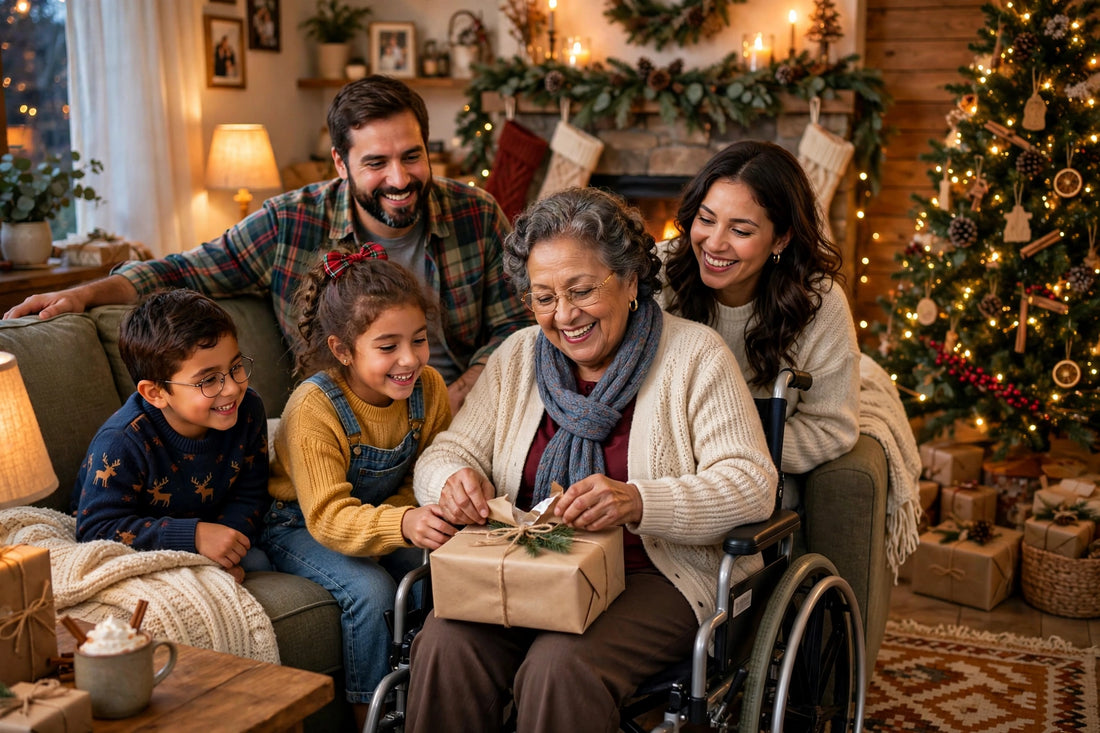 Grandmother in a wheelchair celebrating Christmas with family