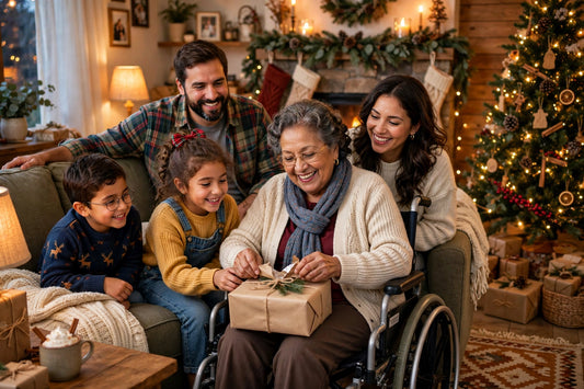 Grandmother in a wheelchair celebrating Christmas with family
